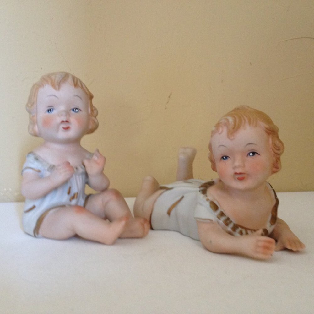 Antique pair of German bisque Piano Babies Figurines- Shower Decoration